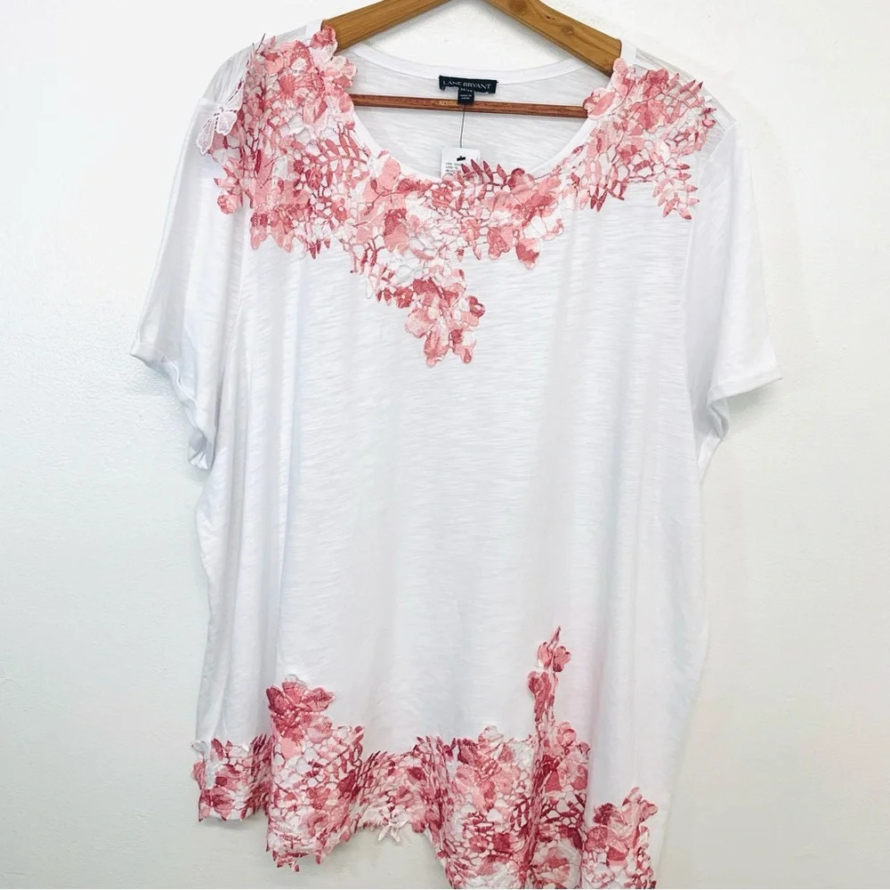 Lane Bryant Blouse Top Woman 26/28  White Pink Floral Crochet Coastal Beach Work
